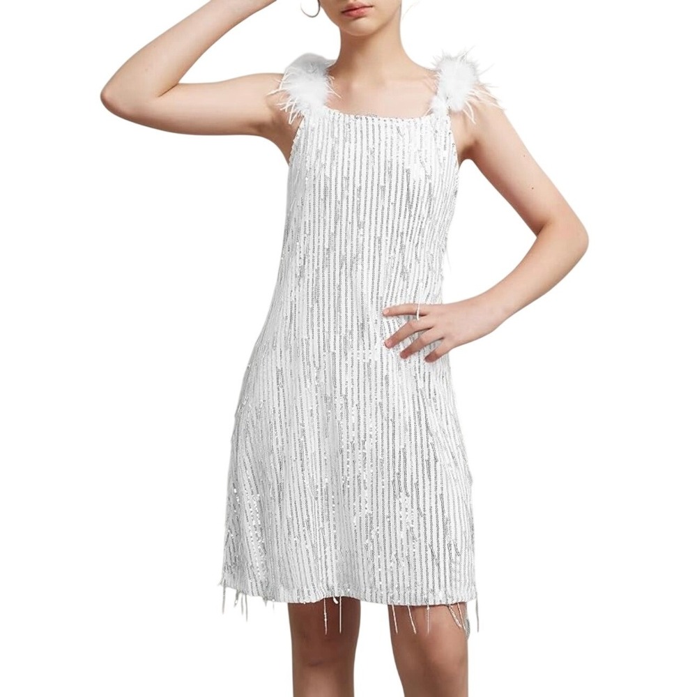 EXARUS Girls White Silver Sequin Fringe‎ Dress Feather Straps Size 14Y Hair Bow